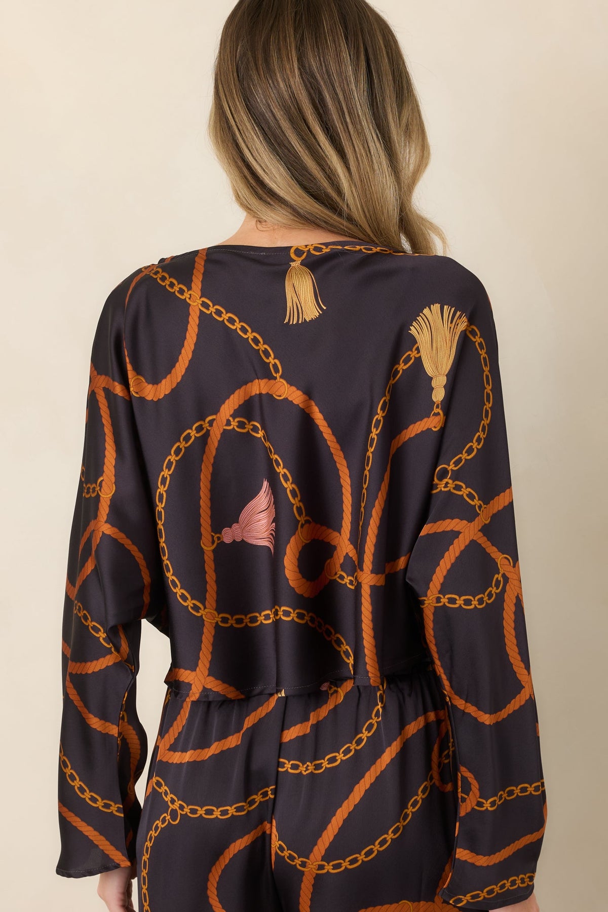 With Regard Black Rope & Tassel Print Satin Cropped Top