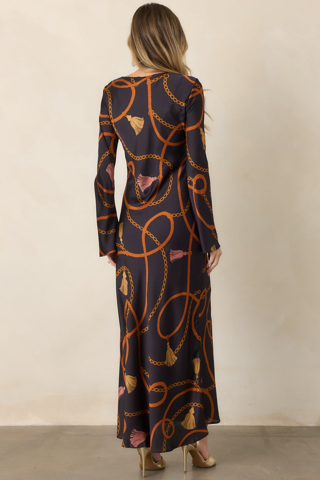 With Distinction Black Rope & Tassel Print Satin Maxi Dress