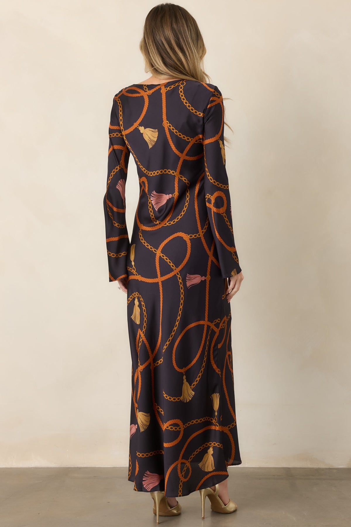 With Distinction Black Rope & Tassel Print Satin Maxi Dress