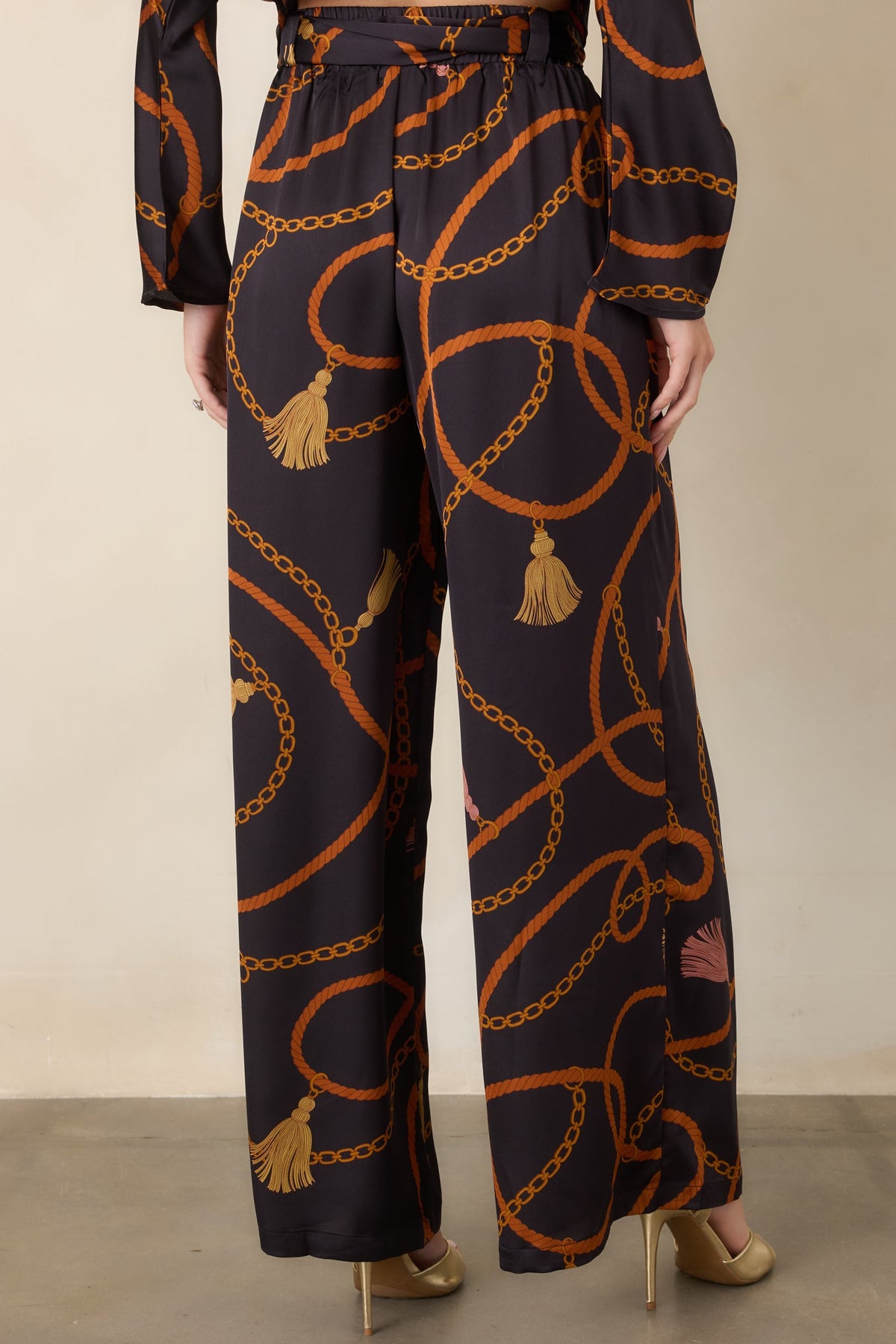 With Regard Black Rope & Tassel Print Satin Wide Leg Pants