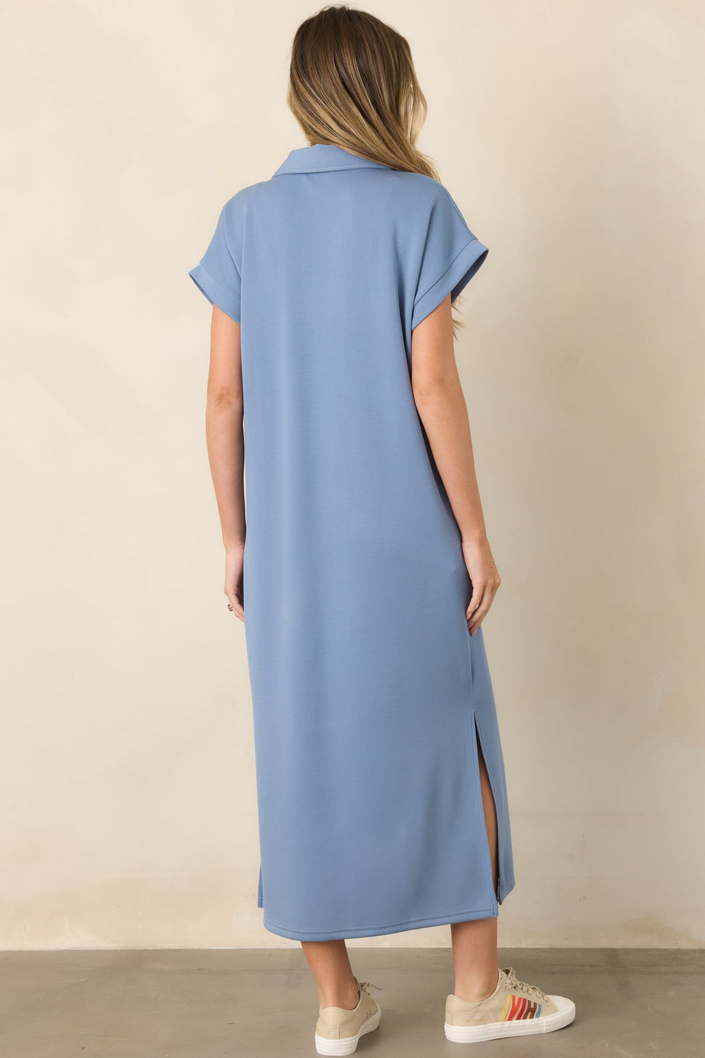 Made The Right Call Chambray Blue Collared Midi T-Shirt Dress