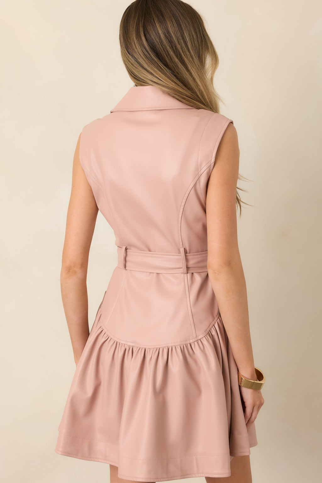 Just for Show Blush Pink Belted Faux Leather Mini Dress
