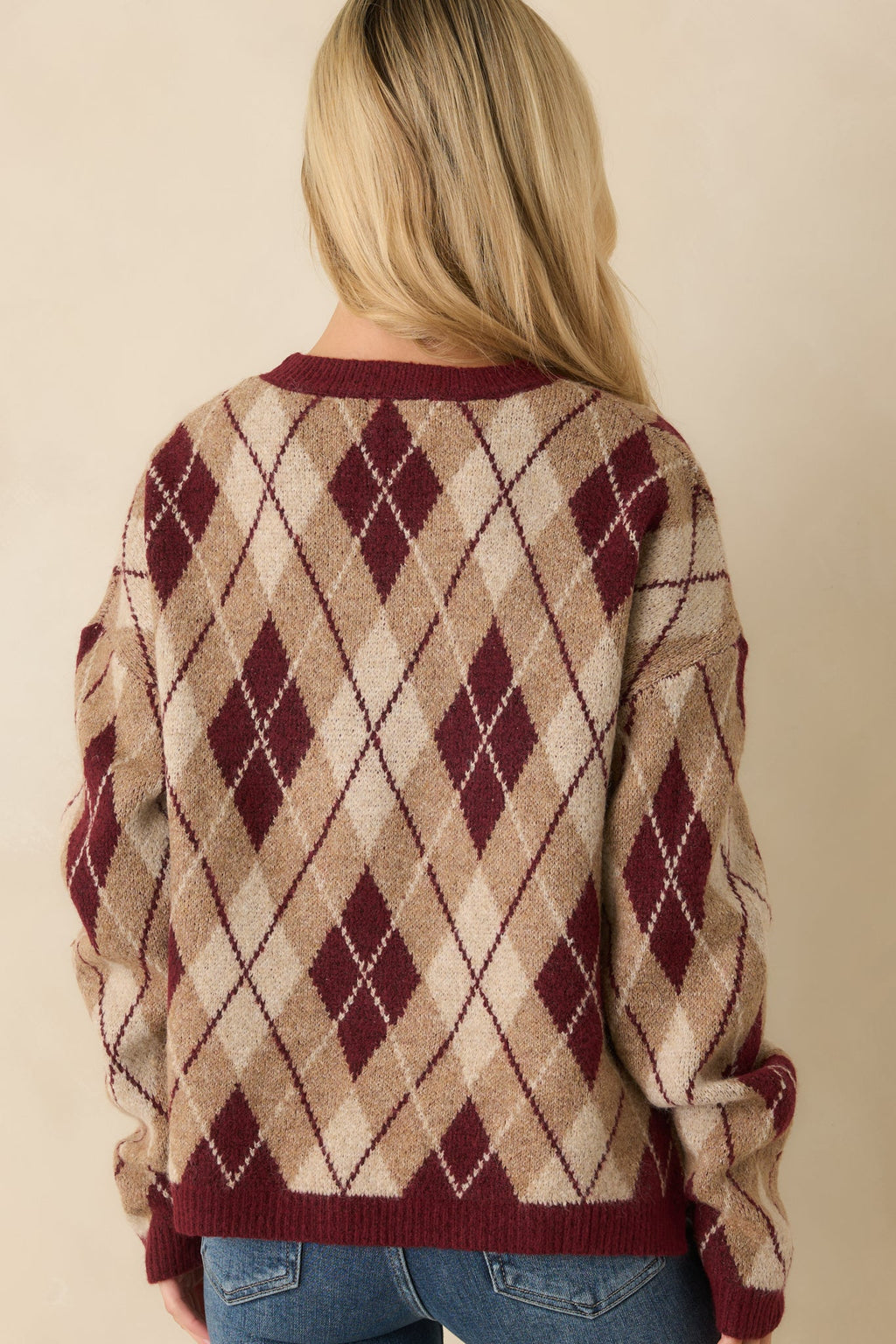 No Place Like Home Burgundy Multi Argyle Knit Sweater