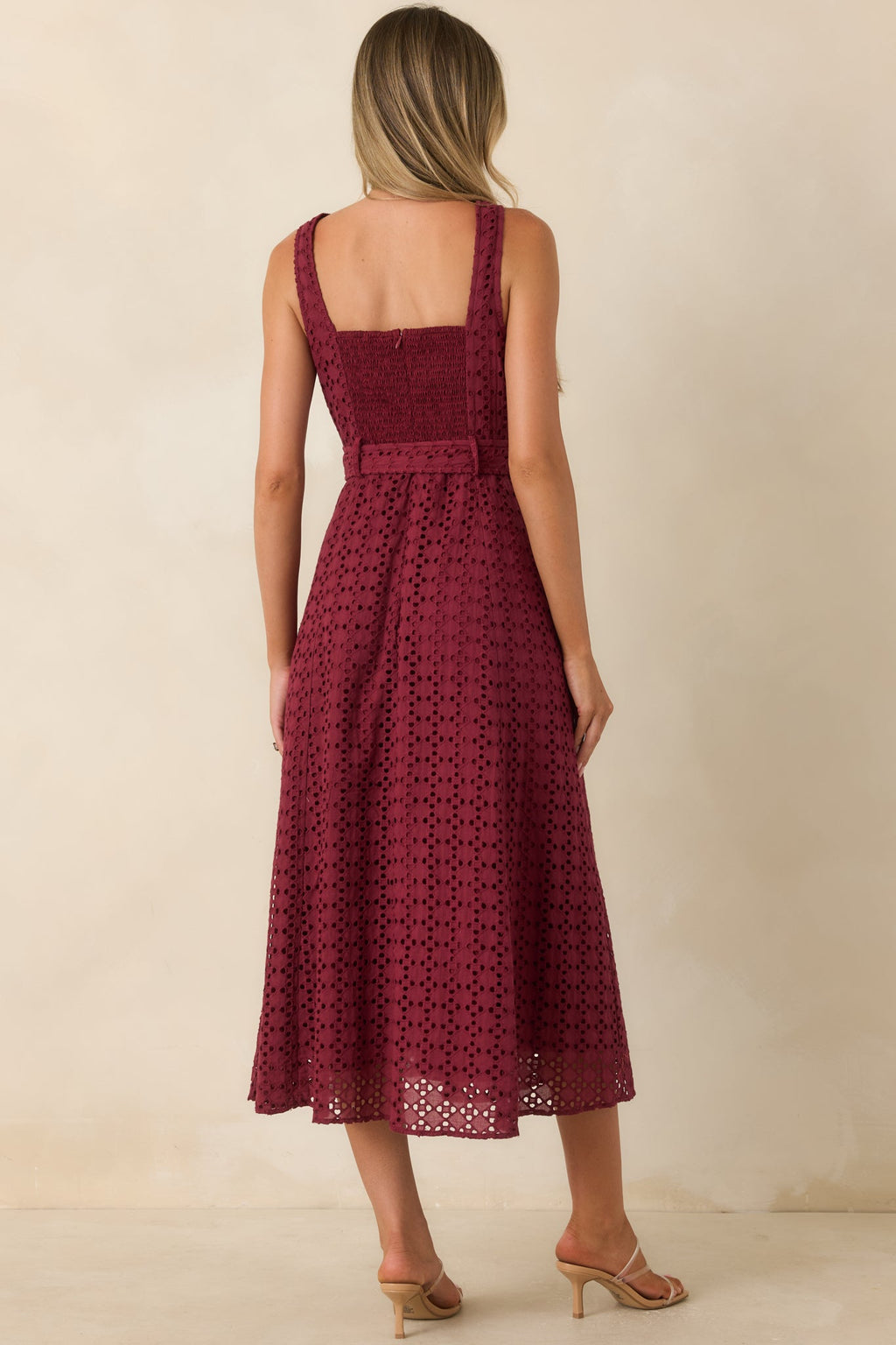 Garden Society Burgundy Cotton Eyelet Sleeveless Midi Dress