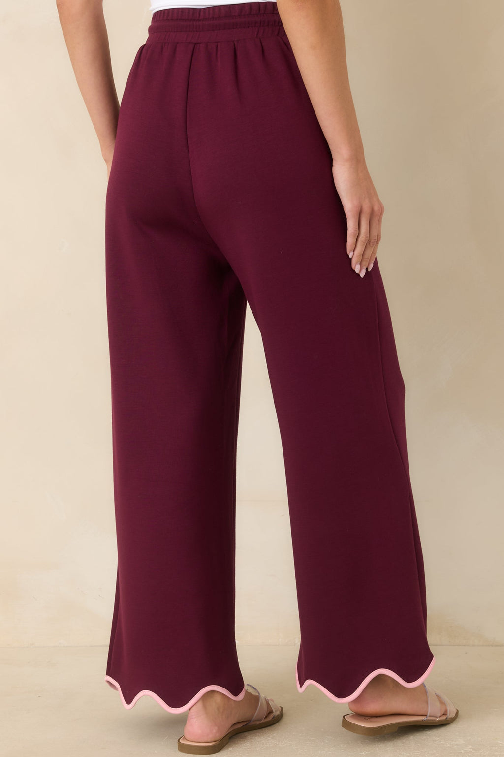 On My Time Burgundy Scalloped Trim Wide Leg Pants