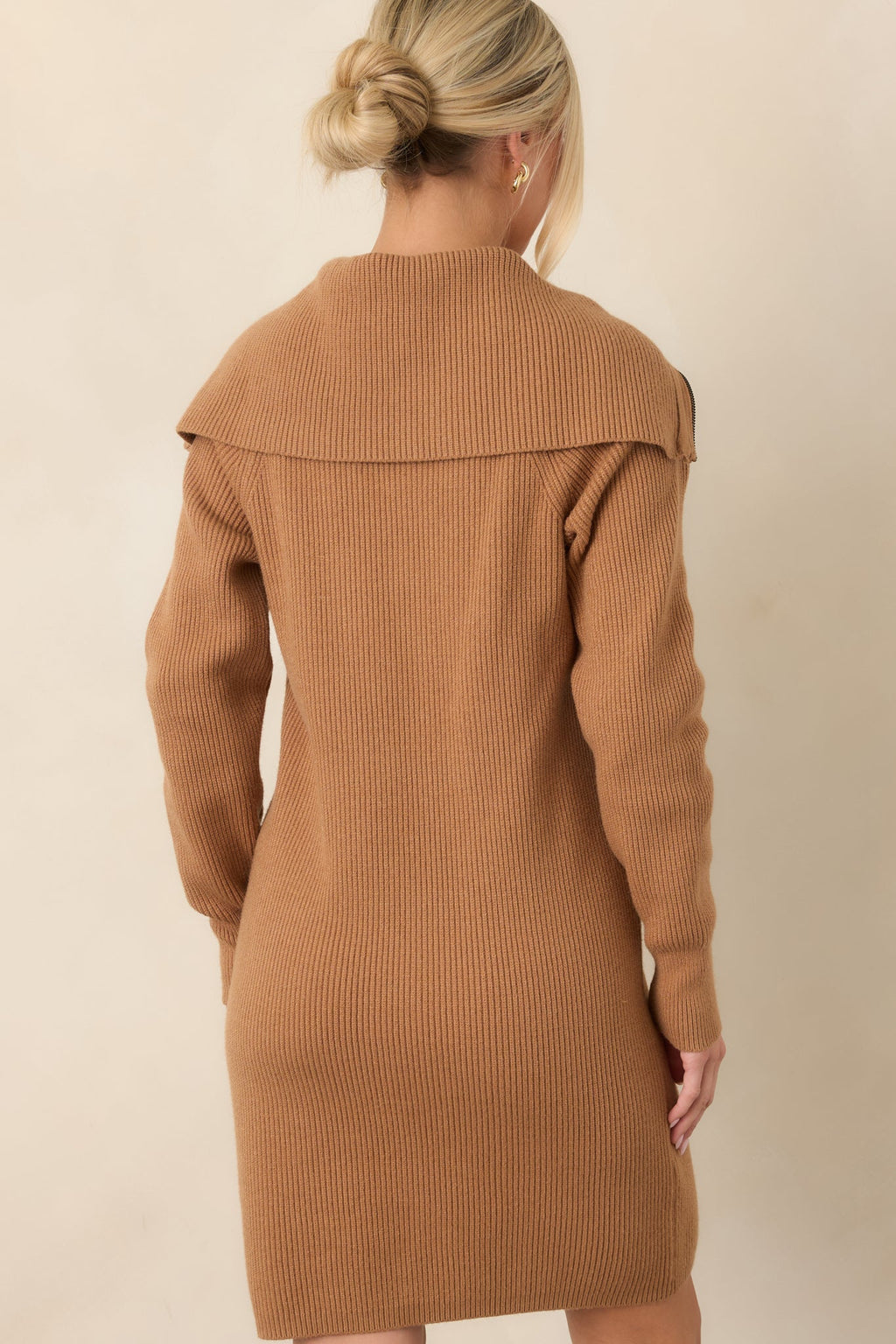 Ease Into It Camel Brown Knit Half-Zip Funnel Collar Longline Sweater Dress