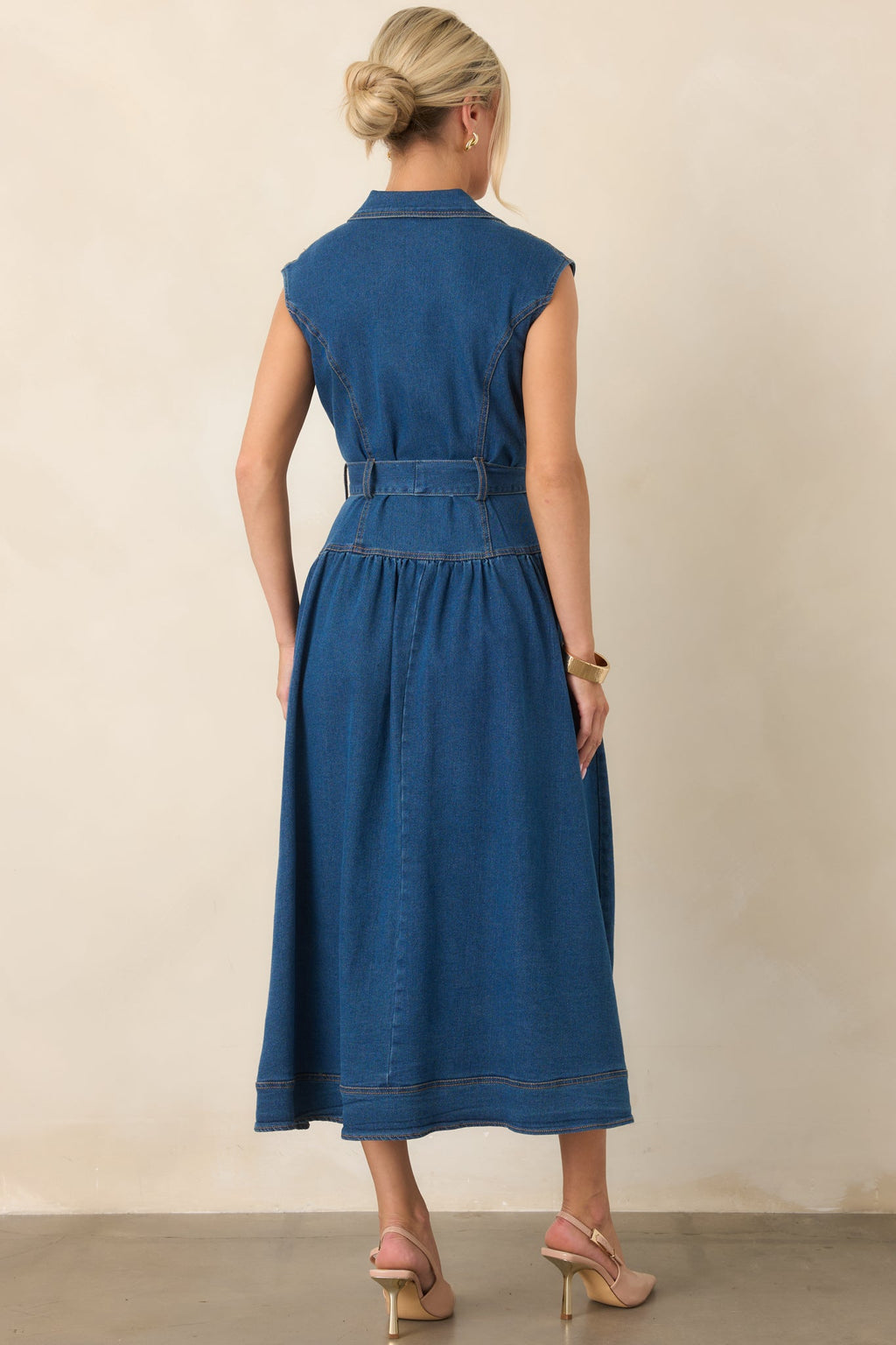 I'm All In Dark Wash Denim Tie-Belt Midi Dress