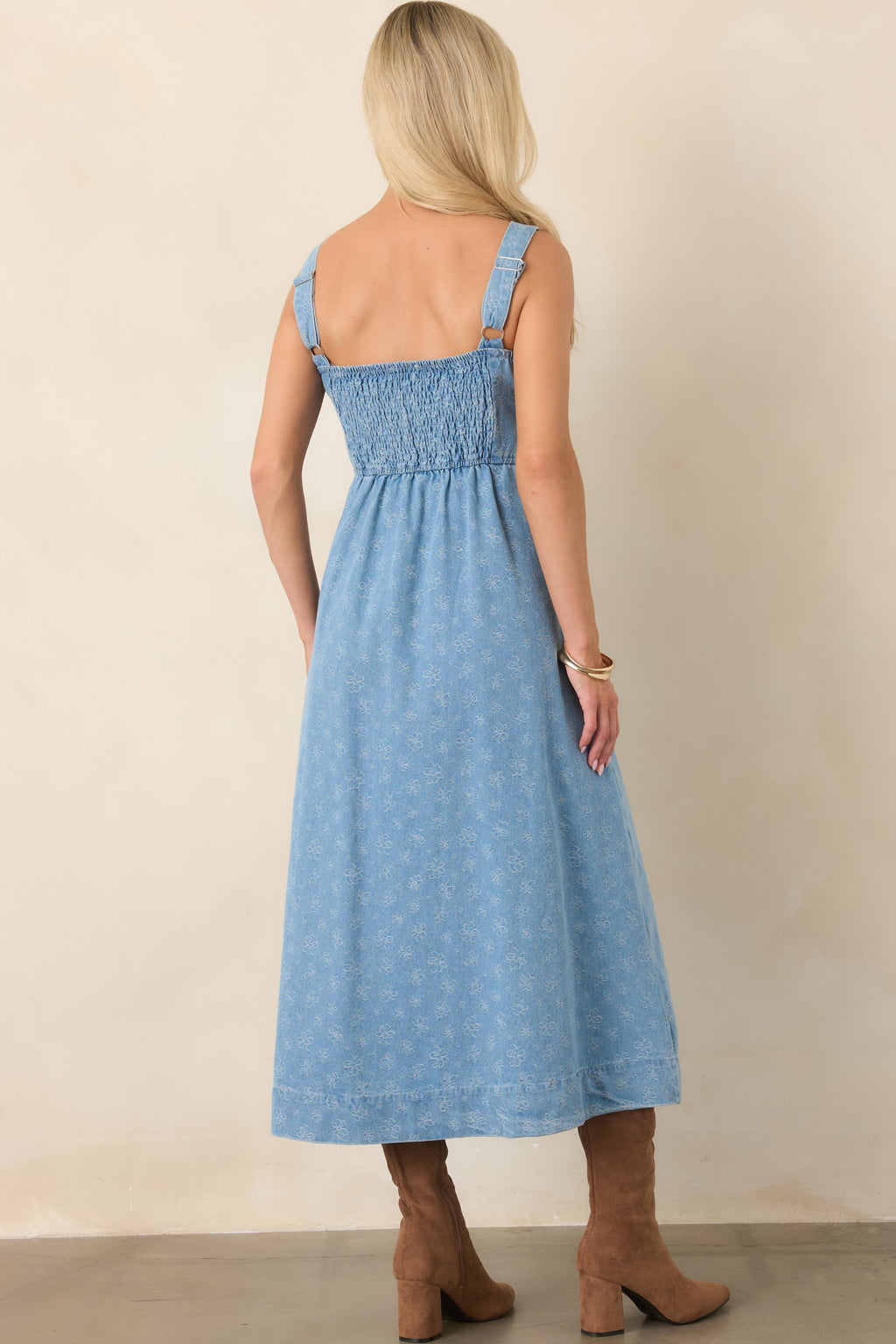 Dreaming in Blue Light Wash Denim Floral Midi Dress
