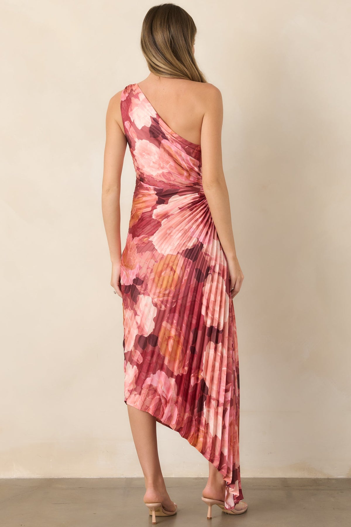 Poetic Charm Pink Floral One Shoulder Pleated Satin Maxi Dress