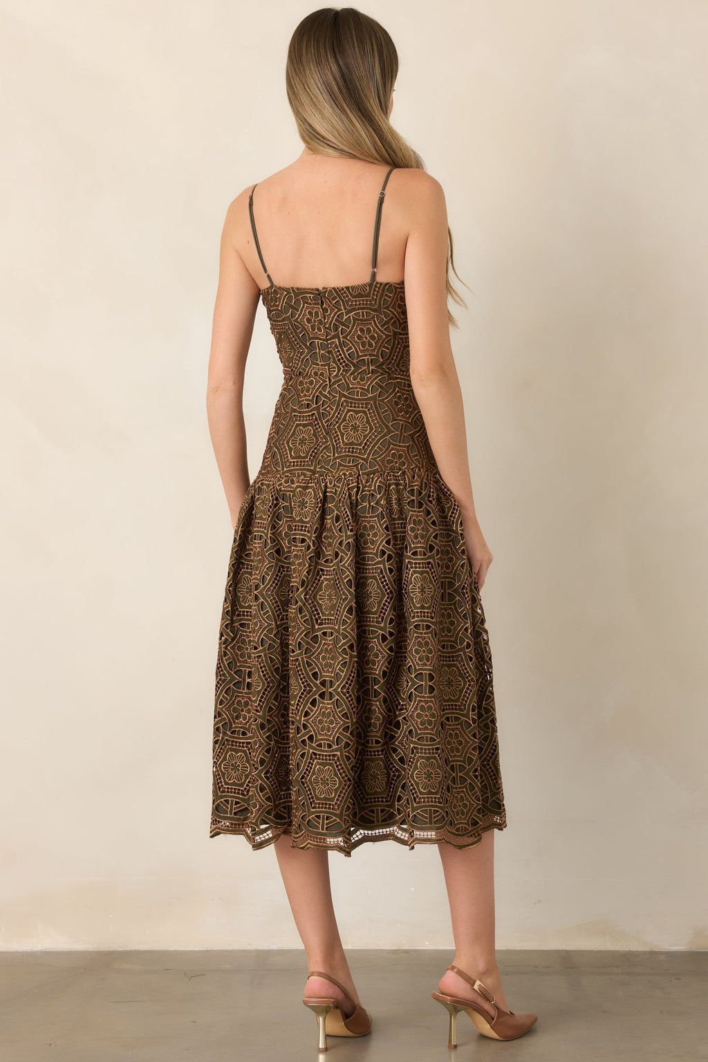 Save the Date Olive & Gold Metallic Lace Midi Dress
