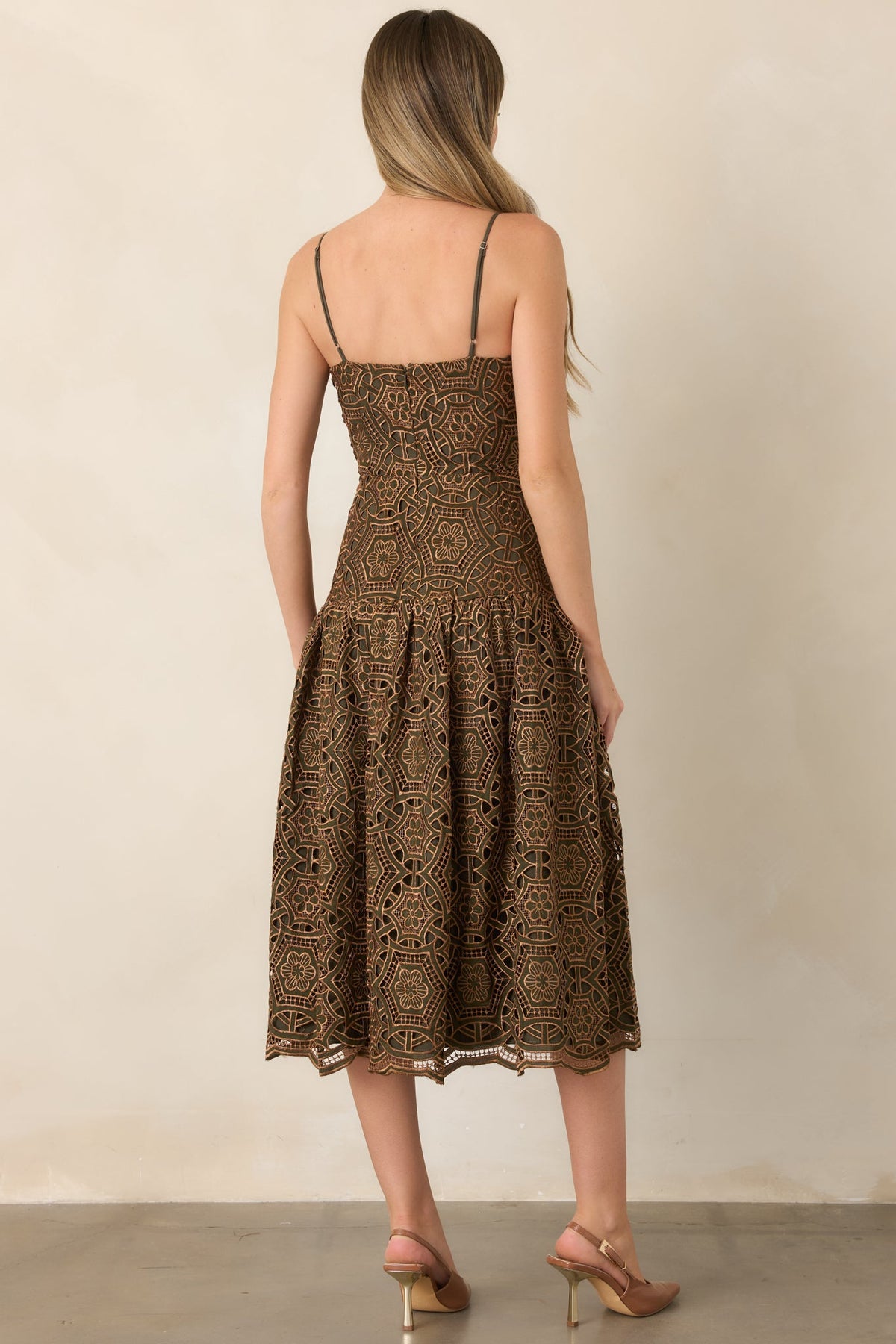Save the Date Olive & Gold Metallic Lace Midi Dress