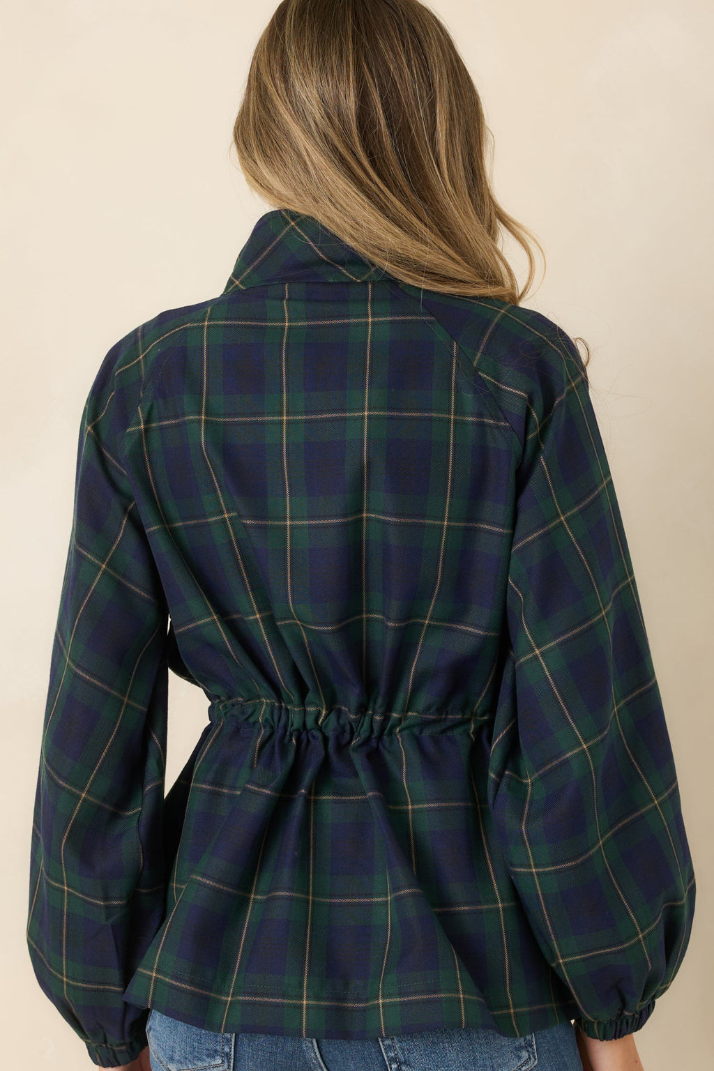 Season in Session Green & Navy Plaid Cinch Waist Jacket