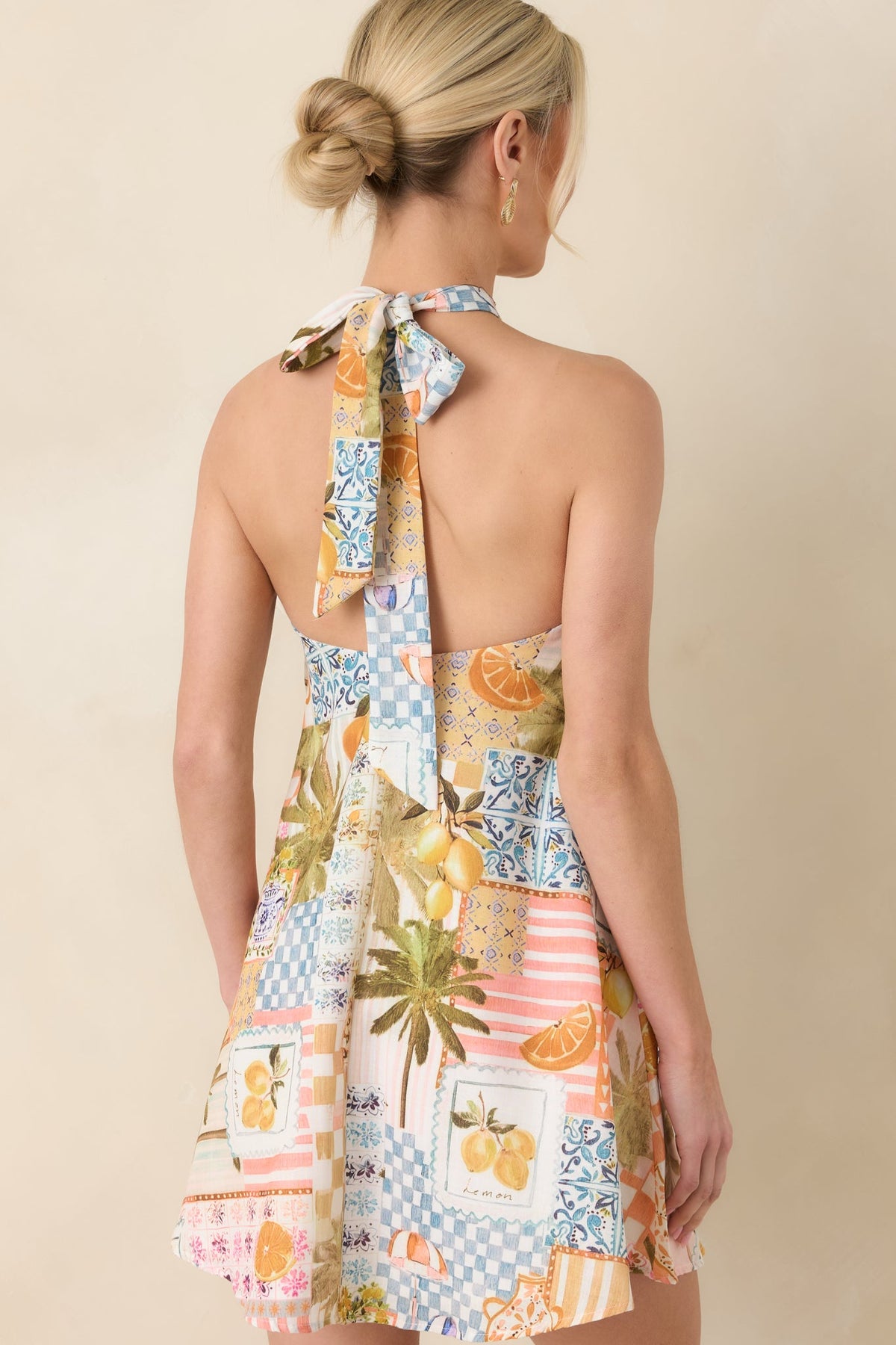 Twist & Spritz Citrus Patchwork Halter Mini Dress