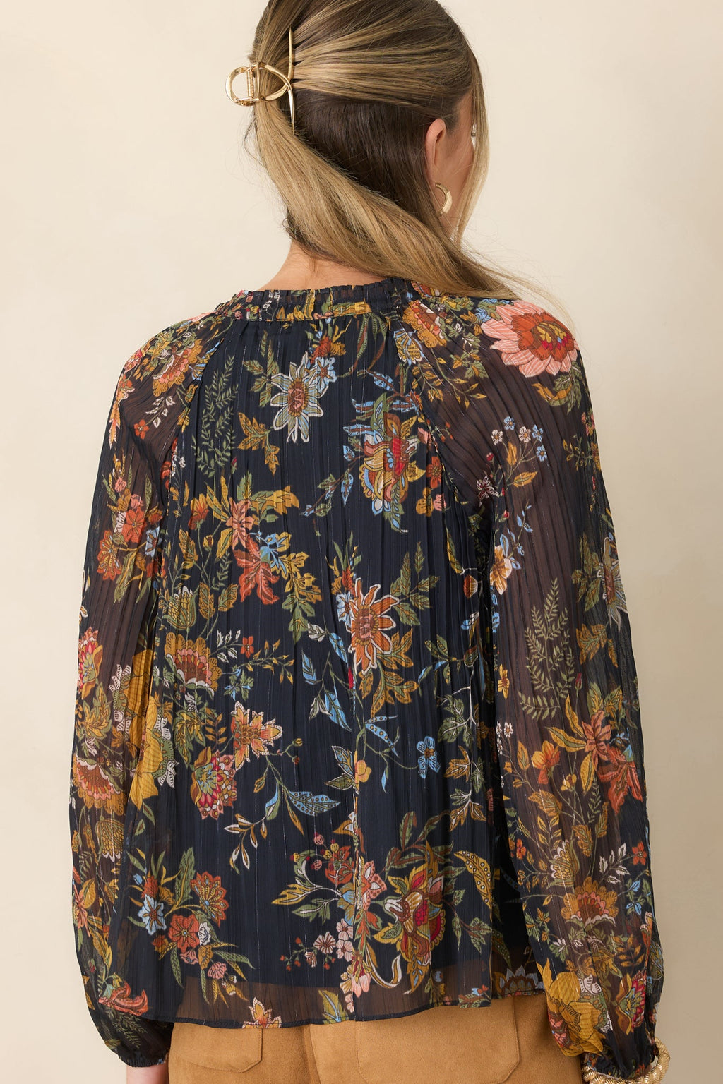 Under Evening Skies Navy Multi Floral Pleated Blouse