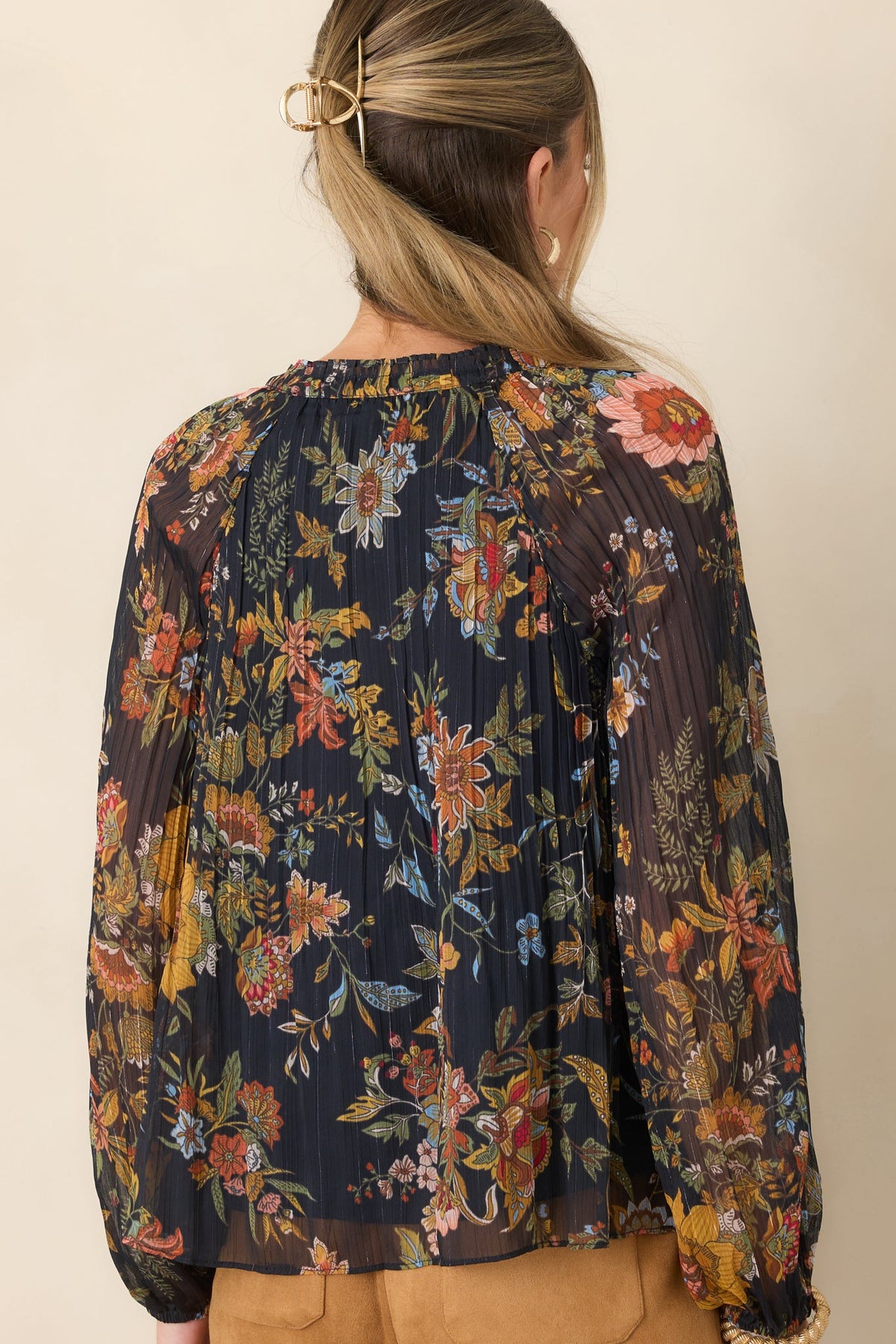 Under Evening Skies Navy Multi Floral Pleated Blouse