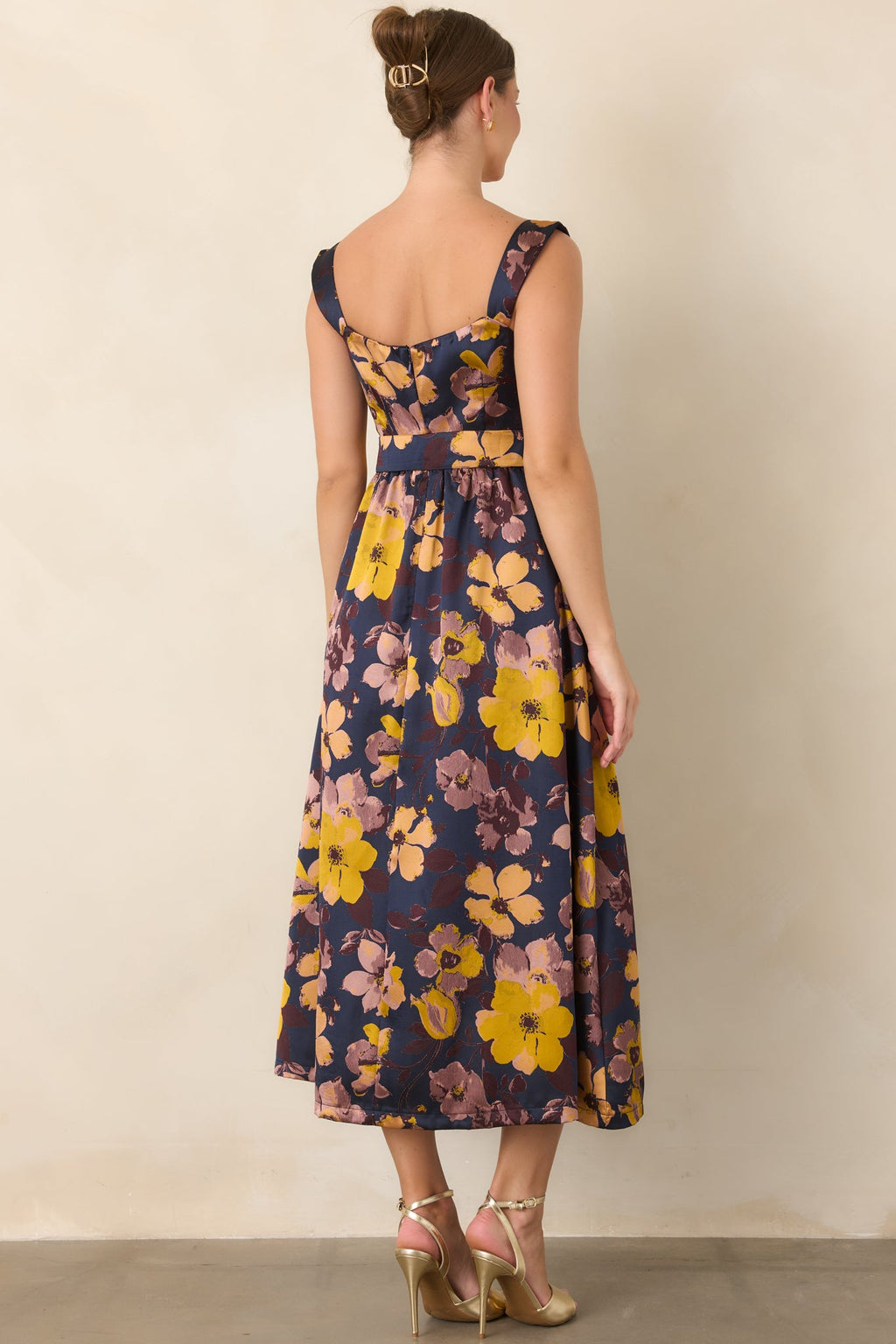 A Formal Arrangement Navy & Marigold Floral Tie-Waist Midi Dress