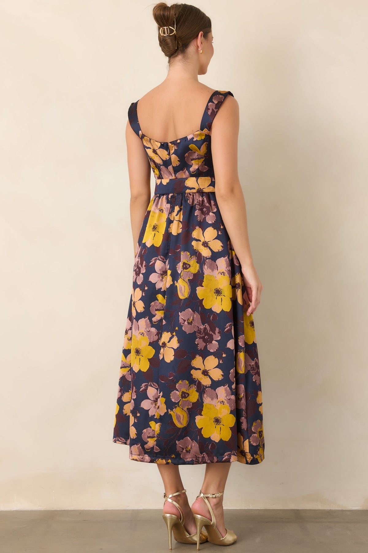 A Formal Arrangement Navy & Marigold Floral Tie-Waist Midi Dress