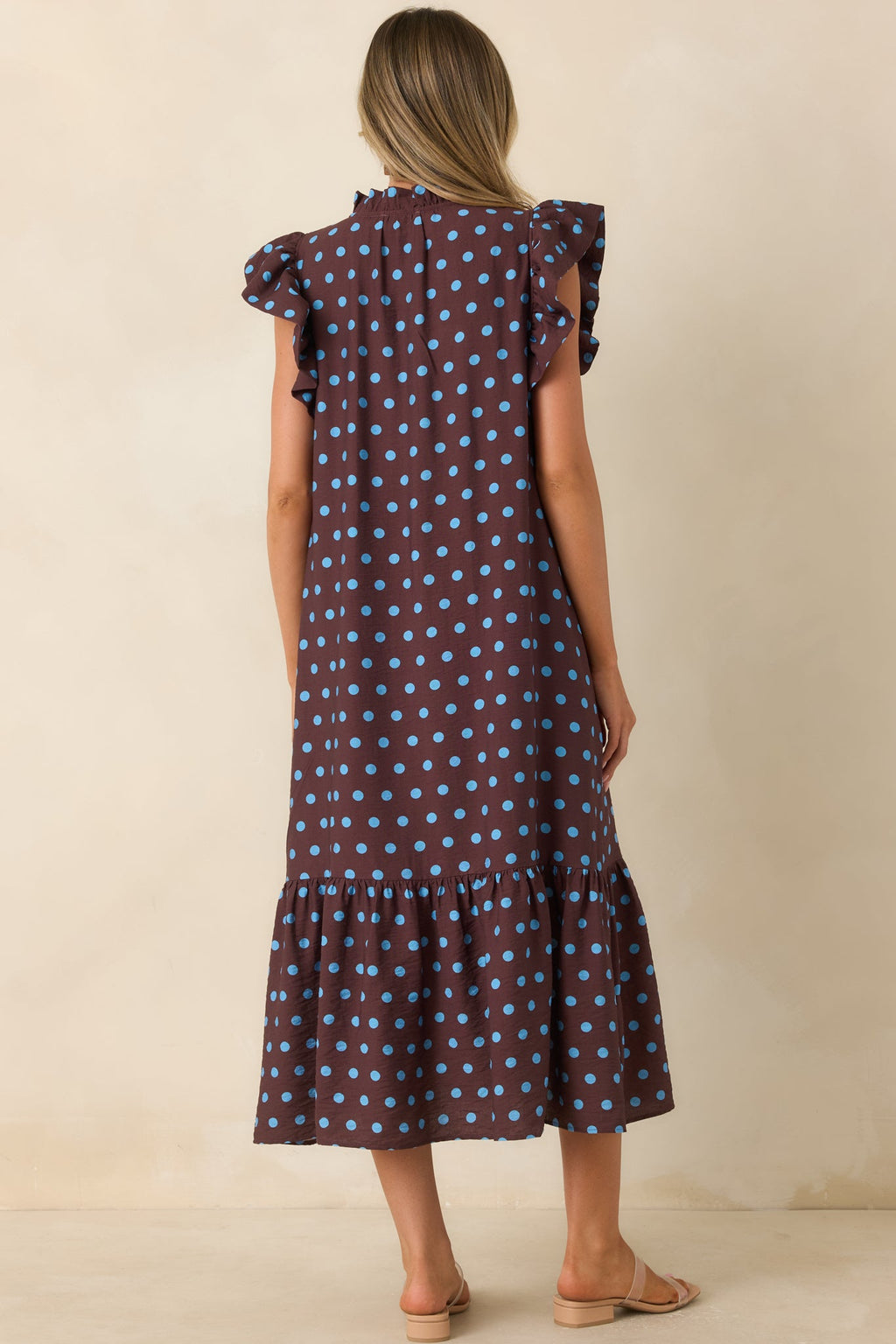 Get a Corner Table Brown & Blue Polka Dot Flutter Sleeve Midi Dress