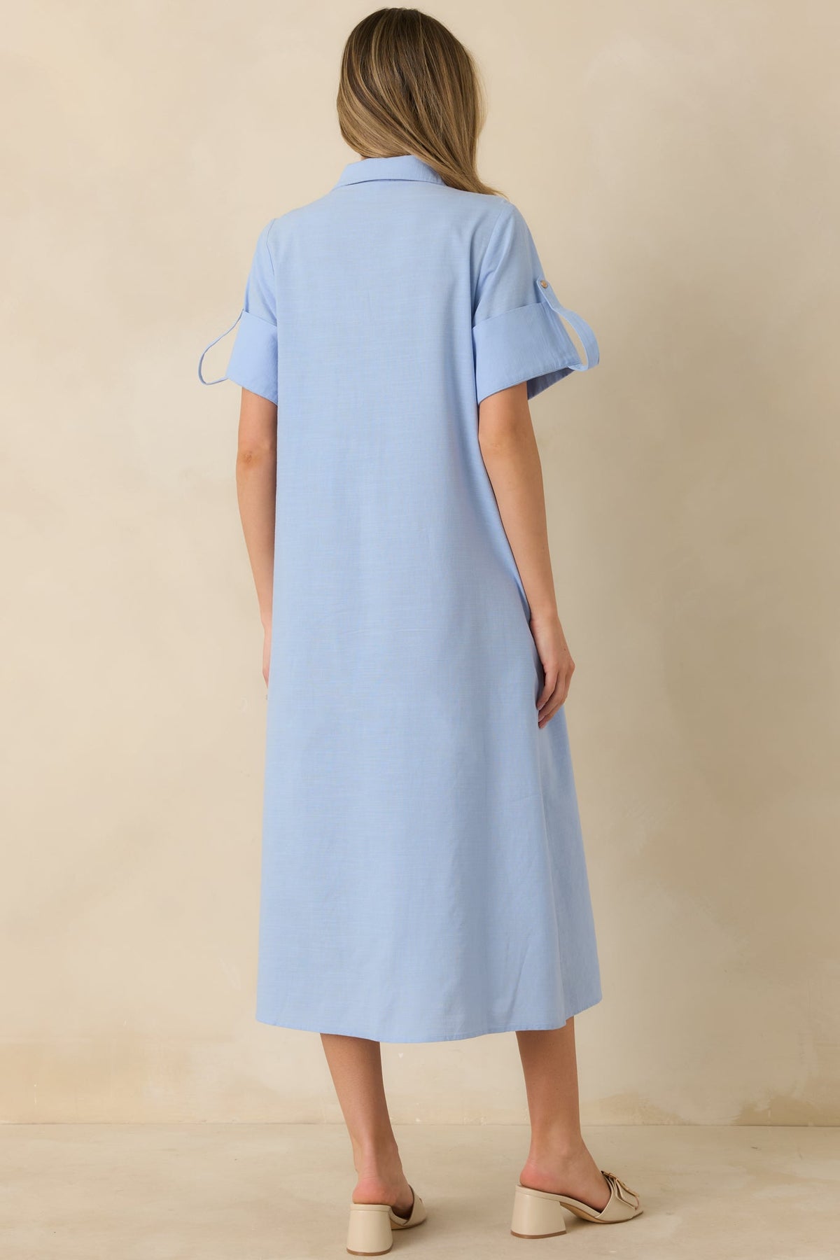 Show Me the Way Light Blue Cotton Button Front Midi Shirt Dress