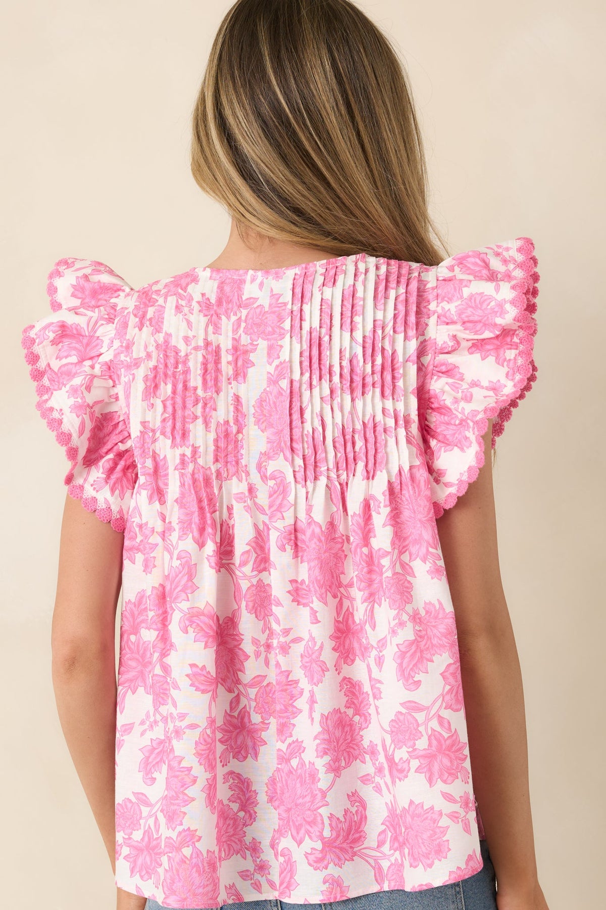 Lovely Little Details Pink & Ivory Floral Cotton Linen Top