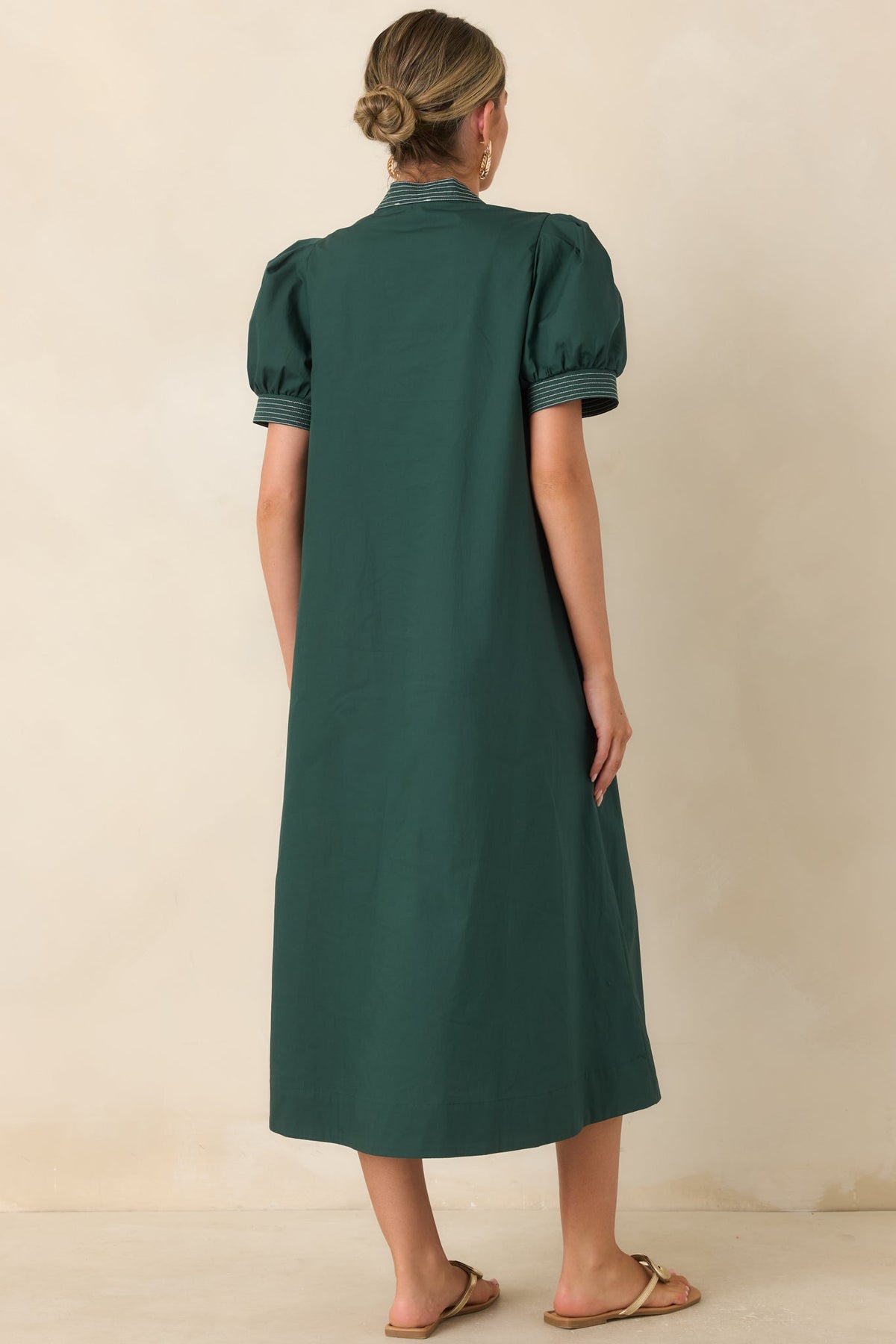 She Makes a Strong Point Hunter Green Contrast Stitch Cotton Midi Dress