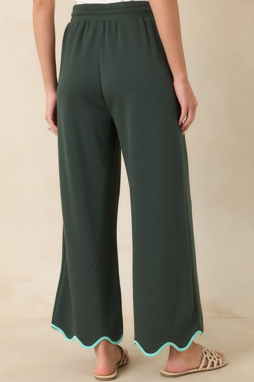 On My Time Hunter Green Scalloped Trim Wide Leg Pants