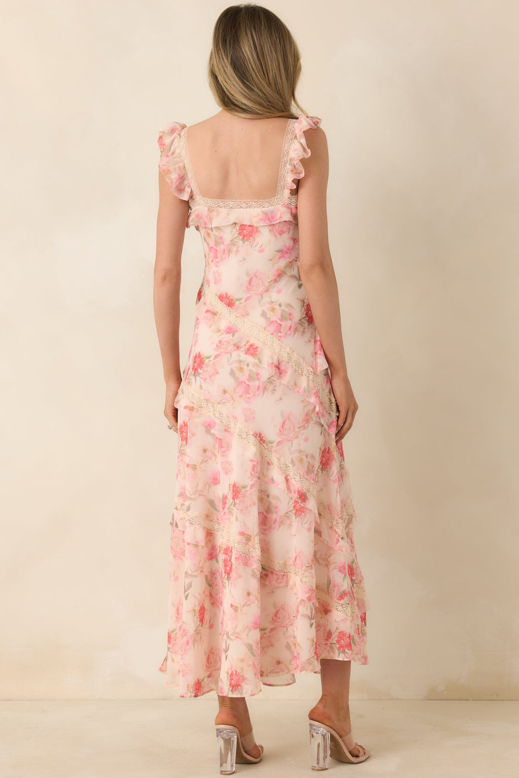 Yours Always Coral Pink Floral Lace & Ruffle Trim Midi Dress