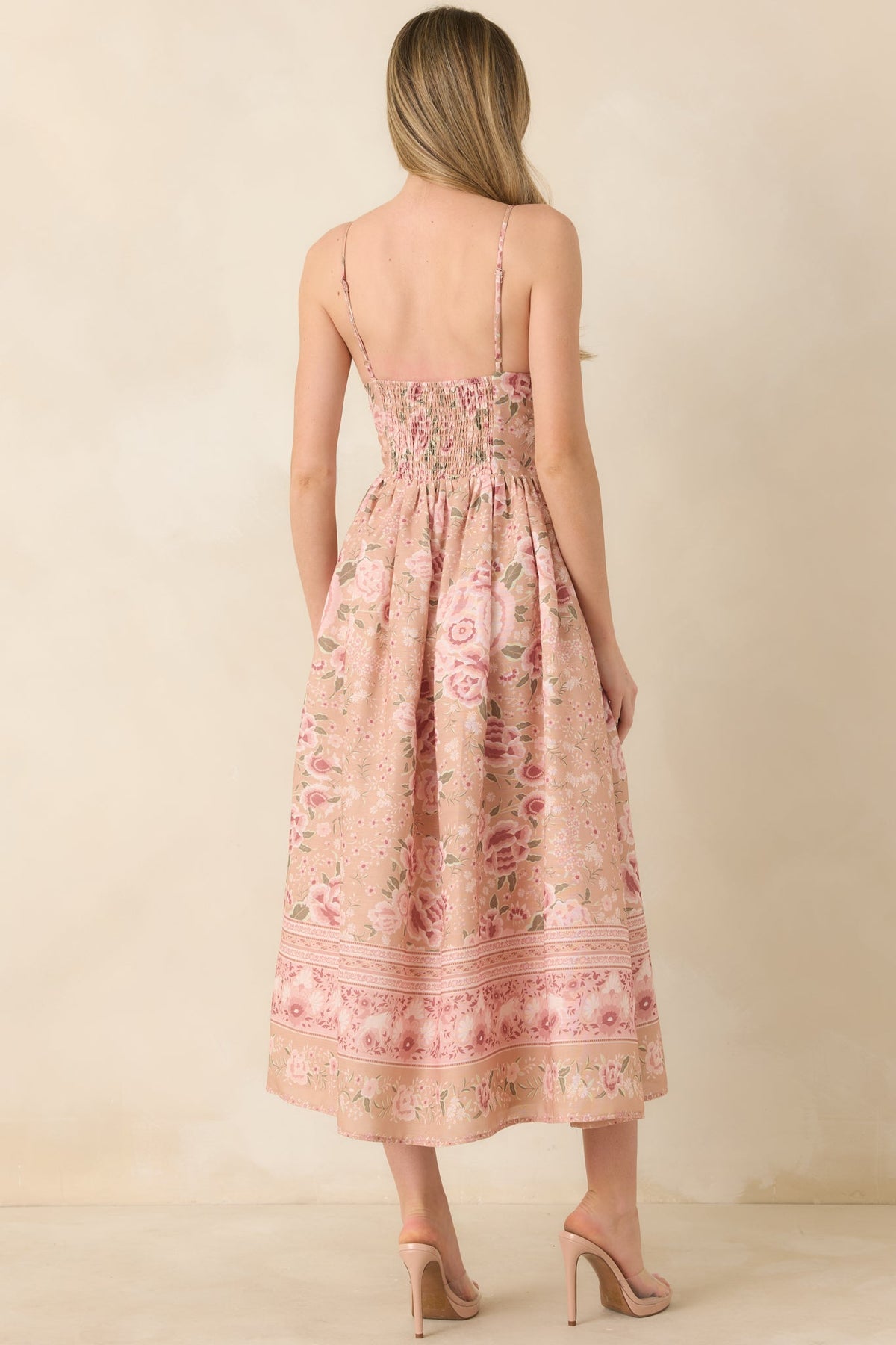 Totally in Love Beige & Pink Floral Deep V-Neck Midi Dress