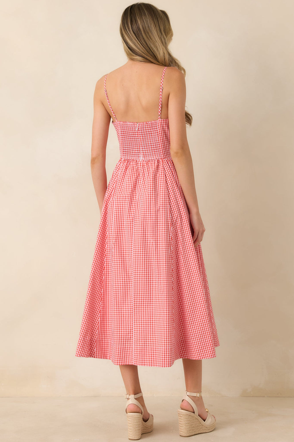 Weekend on the Coast Poppy Red Gingham Sleeveless Midi Dress