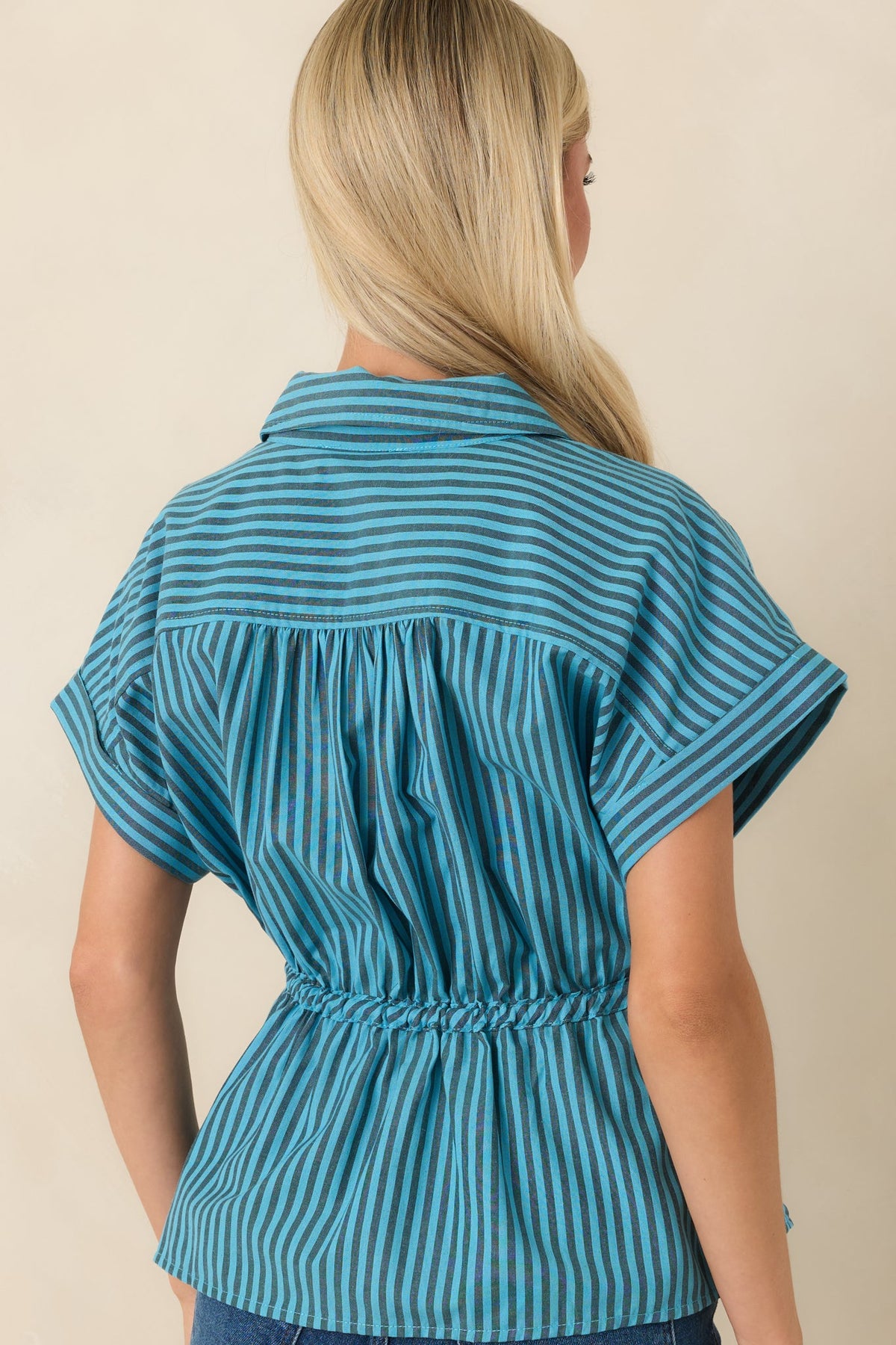 Drawing Attention Turquoise Striped Cinch Waist Top