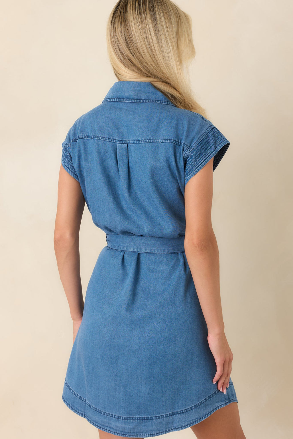 Love in the Details Washed Indigo Embroidered Belted Mini Dress