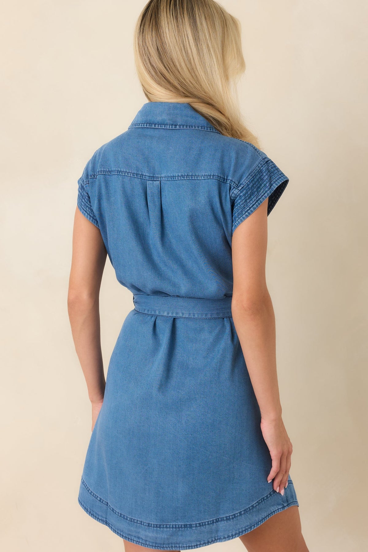 Love in the Details Washed Indigo Embroidered Belted Mini Dress