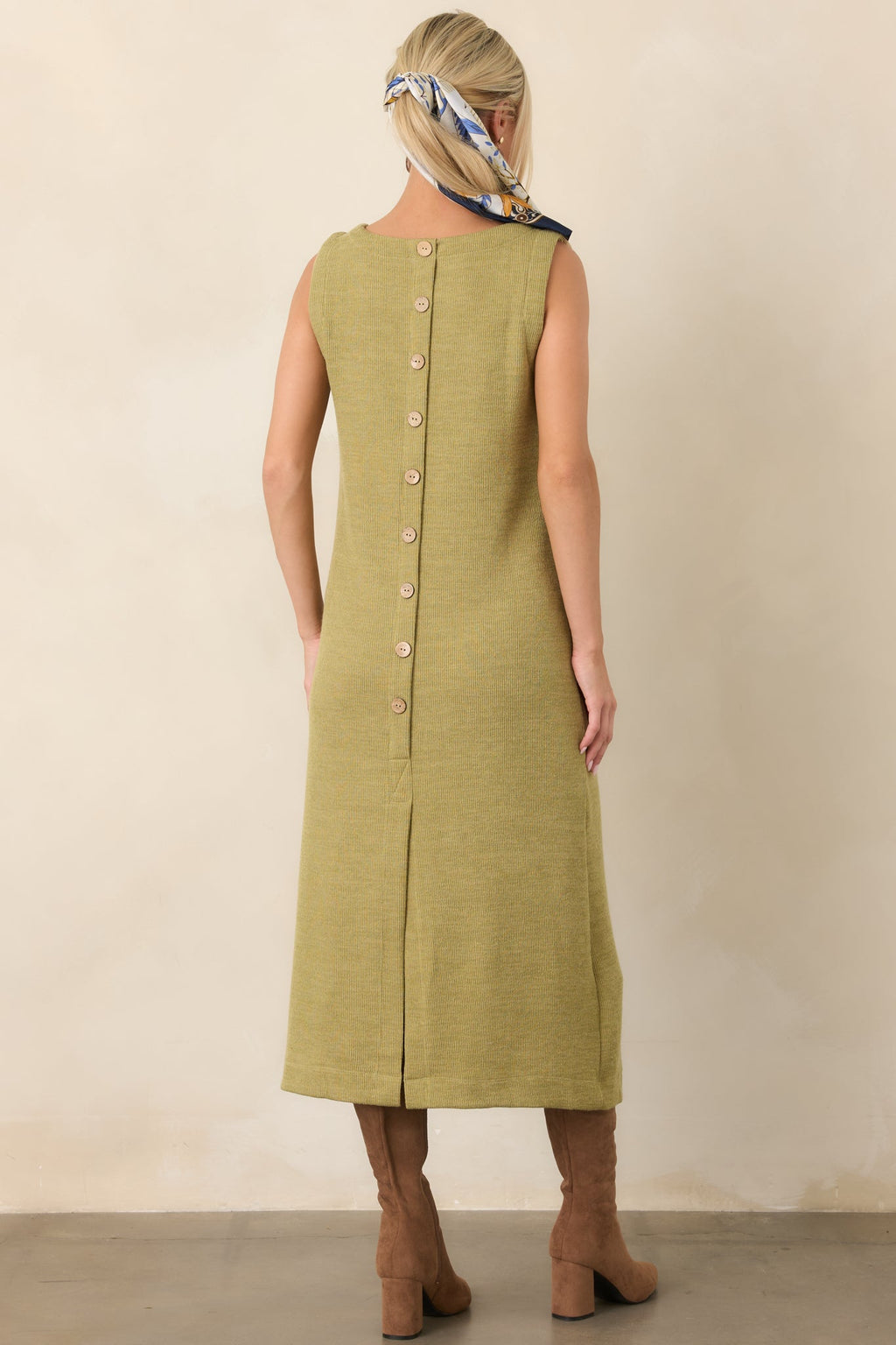 Soft Horizons Olive Green Rib Knit Button Back Midi Dress