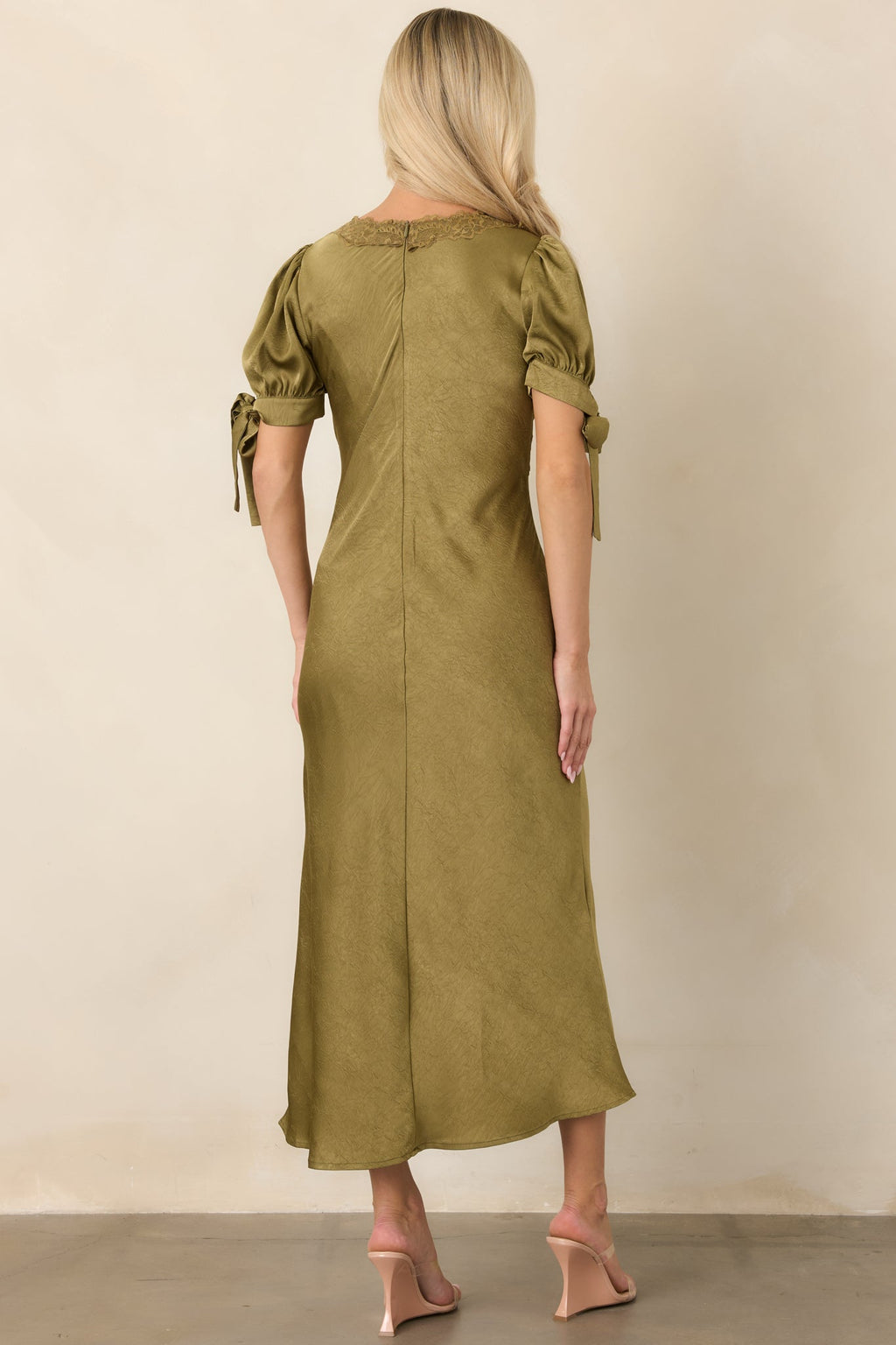 More Than a Feeling Olive Green Satin Lace Trim Midi Dress