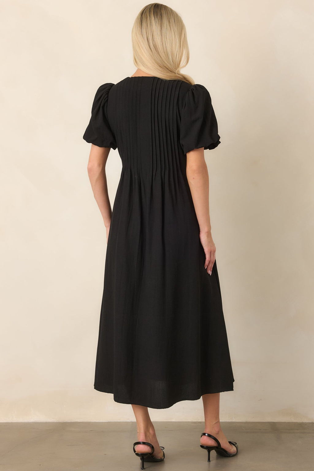 Tucked Away Memories Black Pintuck Puff Sleeve Midi Dress