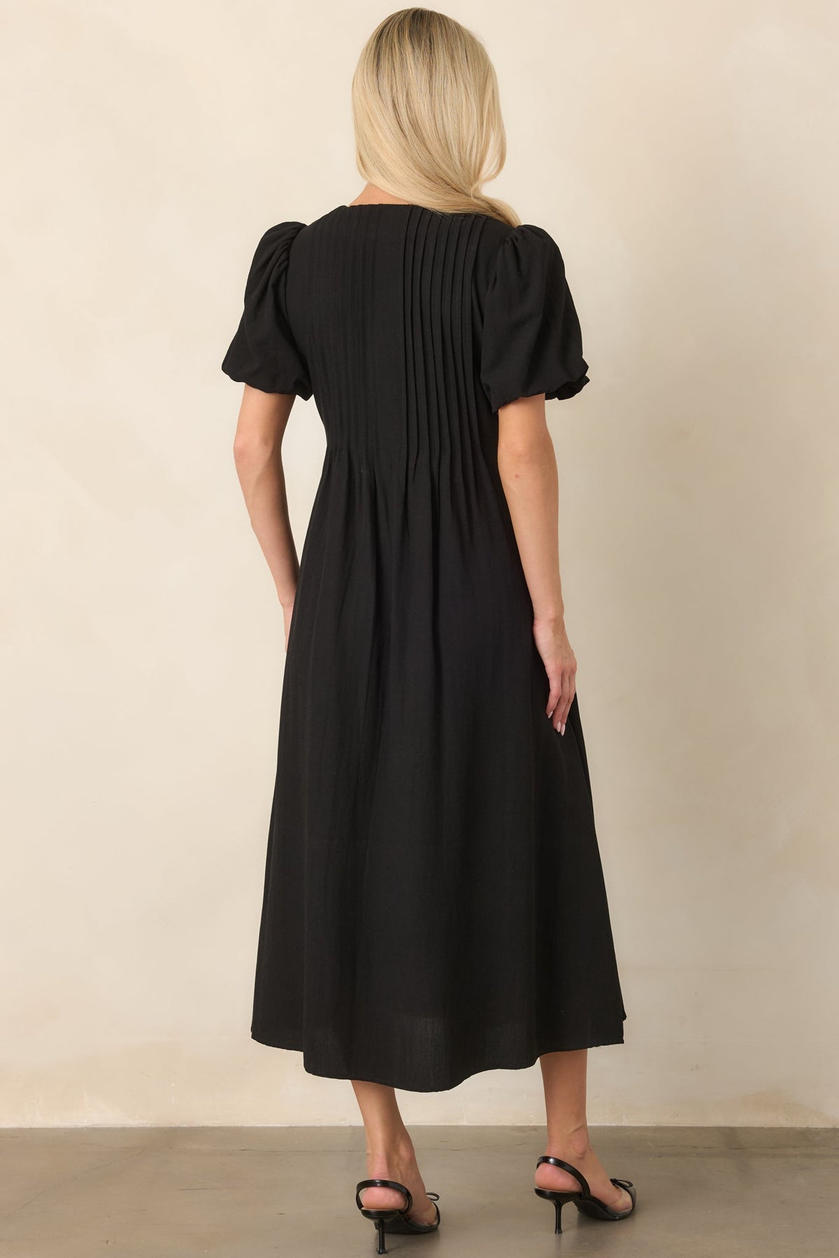 Tucked Away Memories Black Pintuck Puff Sleeve Midi Dress