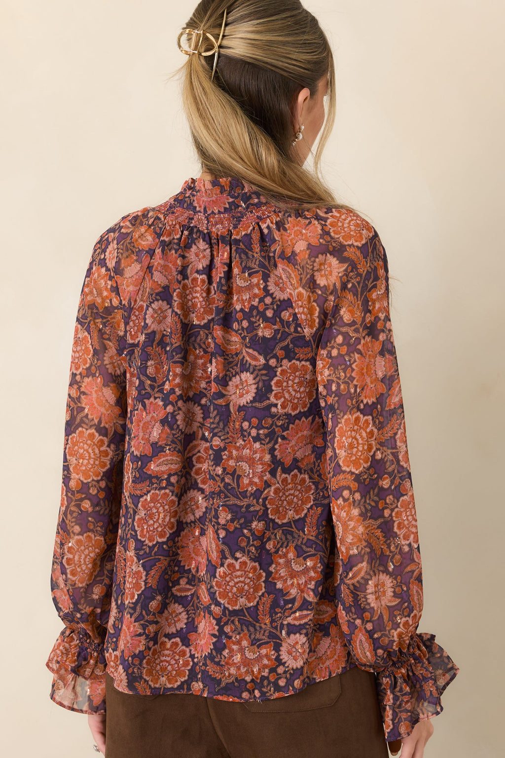Season of Romance Plum & Rust Floral Ruffle Neck Blouse
