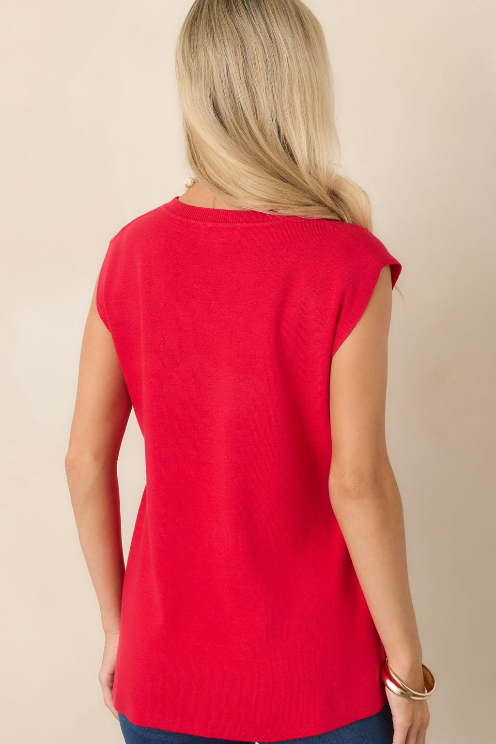 Living for the Flair Red Knit Gold Detail Draped Sleeveless Top