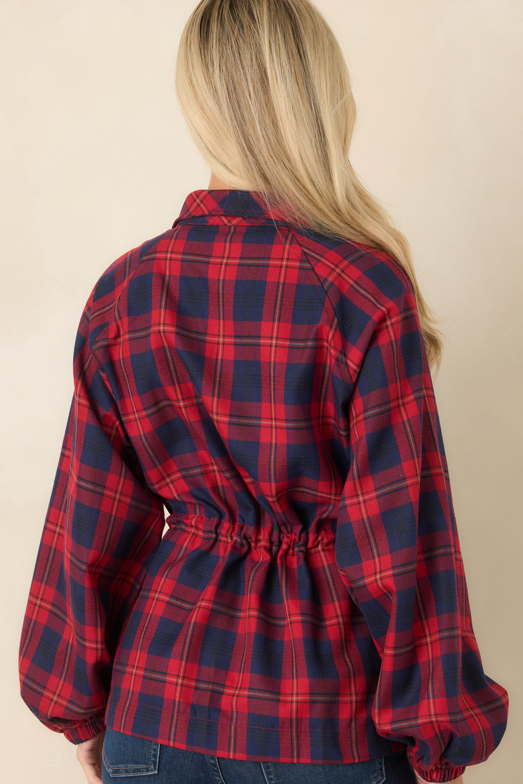 Season in Session Red & Navy Plaid Cinch Waist Jacket