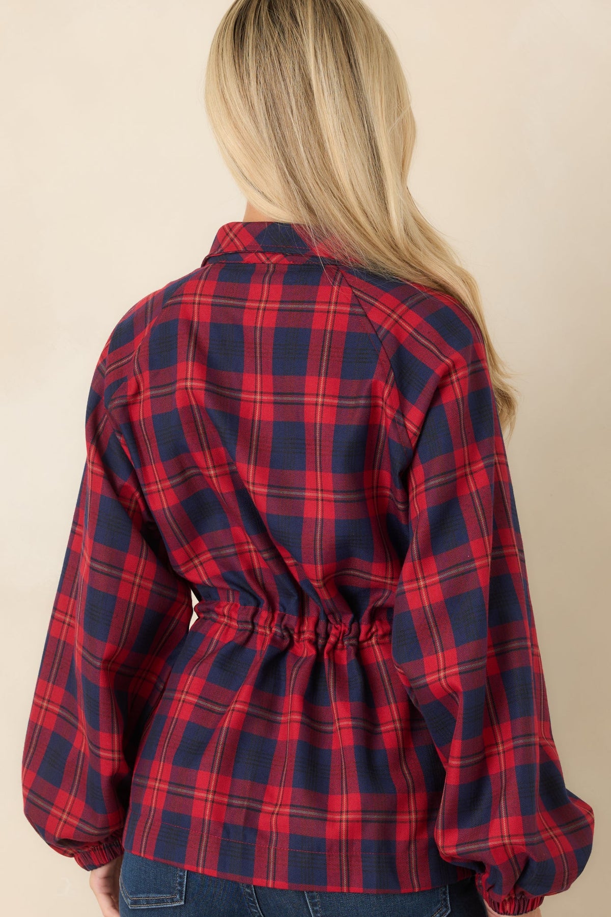 Season in Session Red & Navy Plaid Cinch Waist Jacket