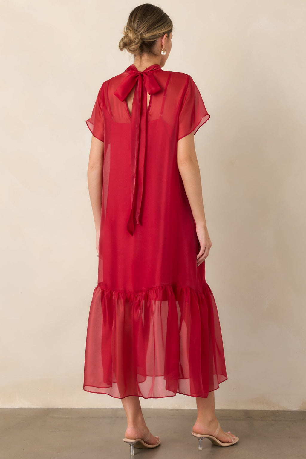 For the Occasion Red Sheer Organza Short Sleeve Maxi Dress