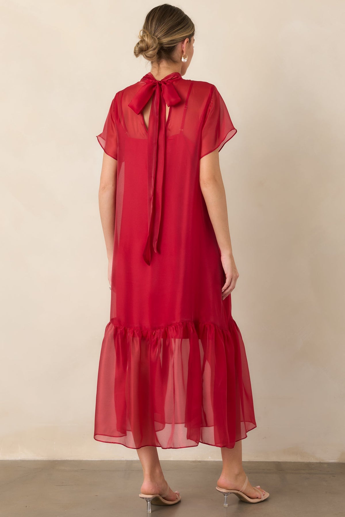 For the Occasion Red Sheer Organza Short Sleeve Maxi Dress