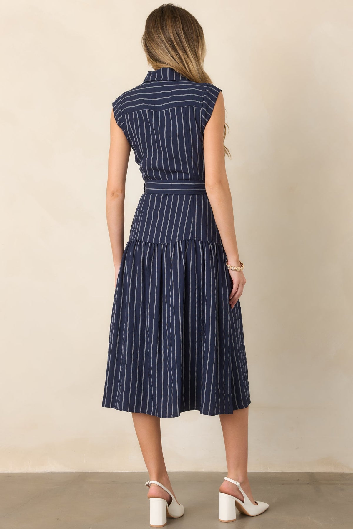 Always On Course Navy Striped Button Front Midi Dress