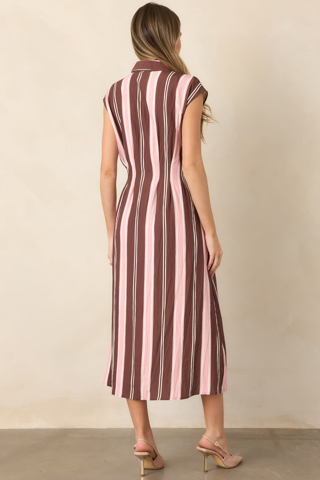 Coffee & Conversation Brown & Pink Stripe Midi Shirt Dress