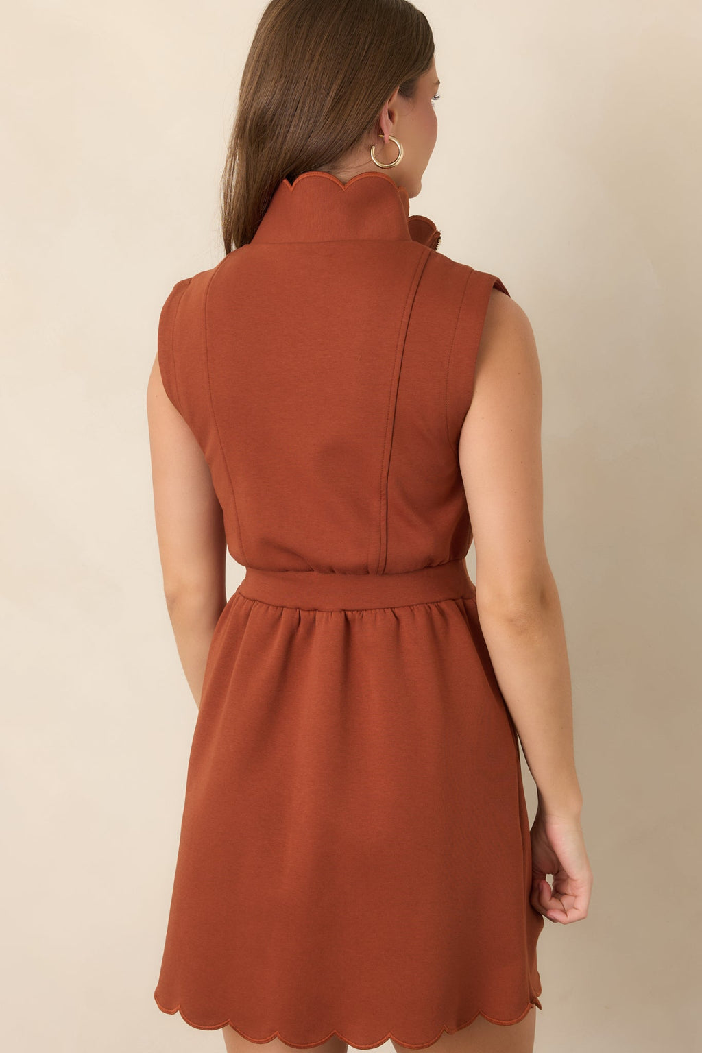 Zip Through the Day Rust Zip Front Scalloped Hem Mini Dress