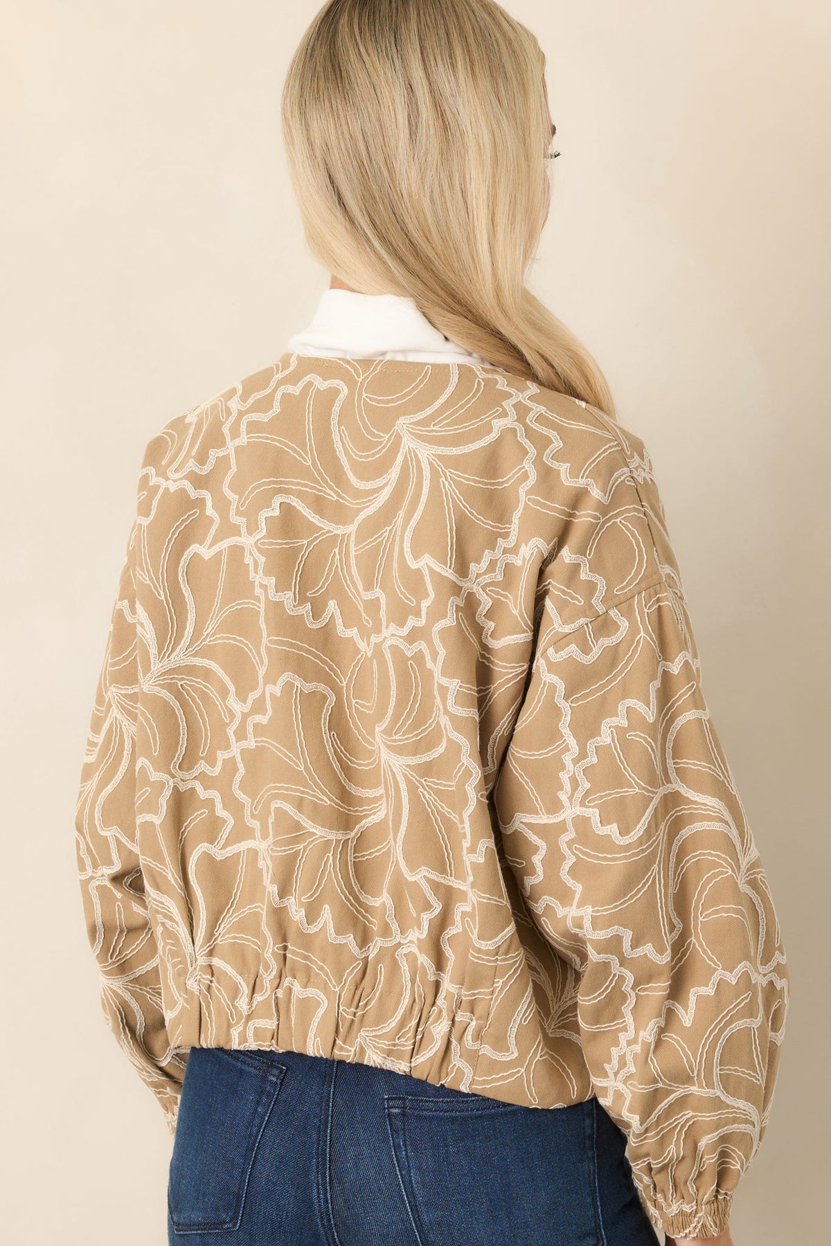 At Your Pace Tan Cotton Embroidered Zip up Jacket