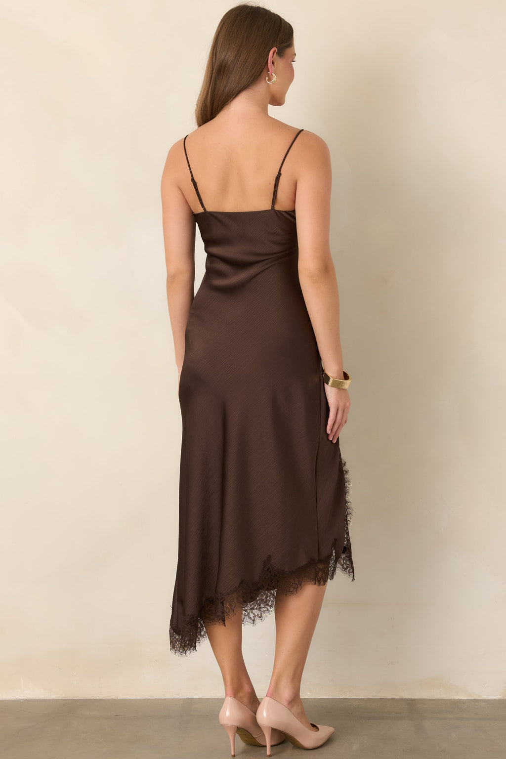 Just Like in the Movies Chocolate Satin Lace Slip Midi Dress