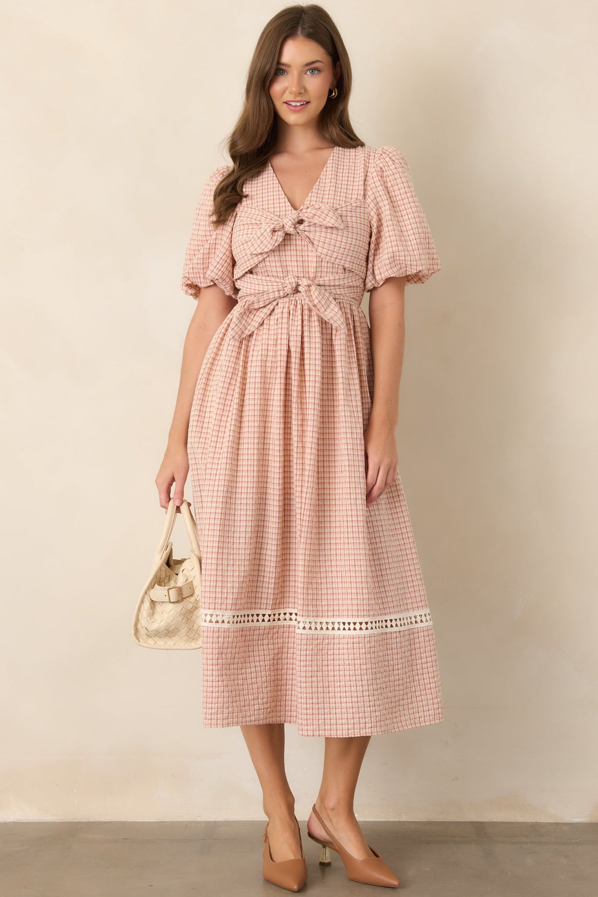 A Little Smitten Red & Beige Plaid Cotton Blend Midi Dress