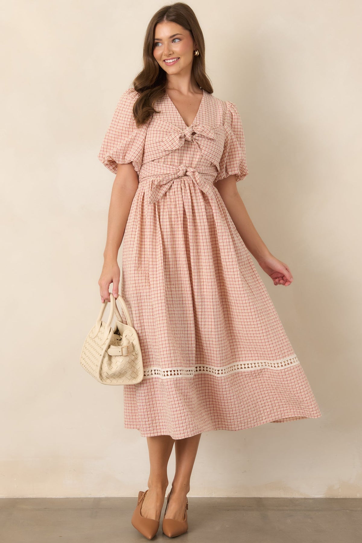 A Little Smitten Red & Beige Plaid Cotton Blend Midi Dress