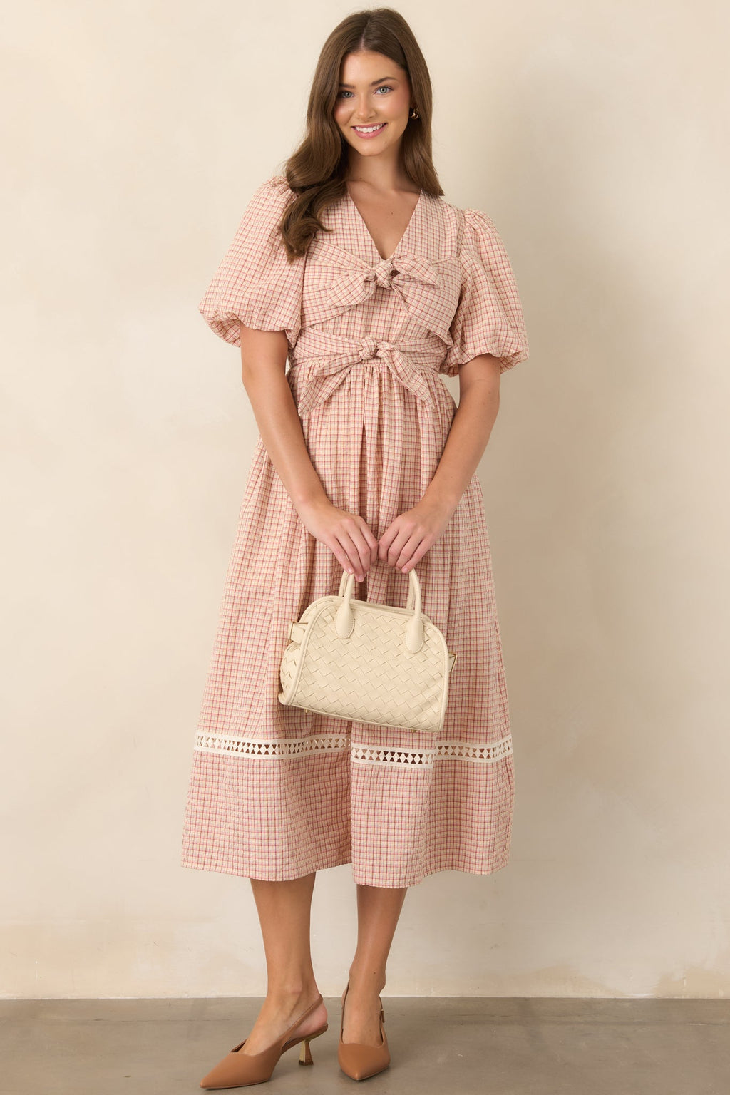 A Little Smitten Red & Beige Plaid Cotton Blend Midi Dress